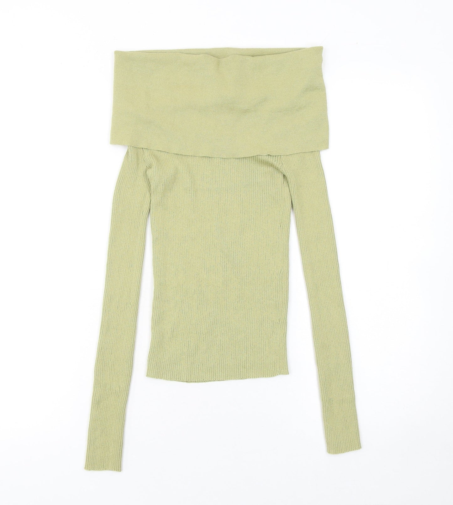 Zara Women's Green Off Shoulder Rib Knit Jumper Size 12