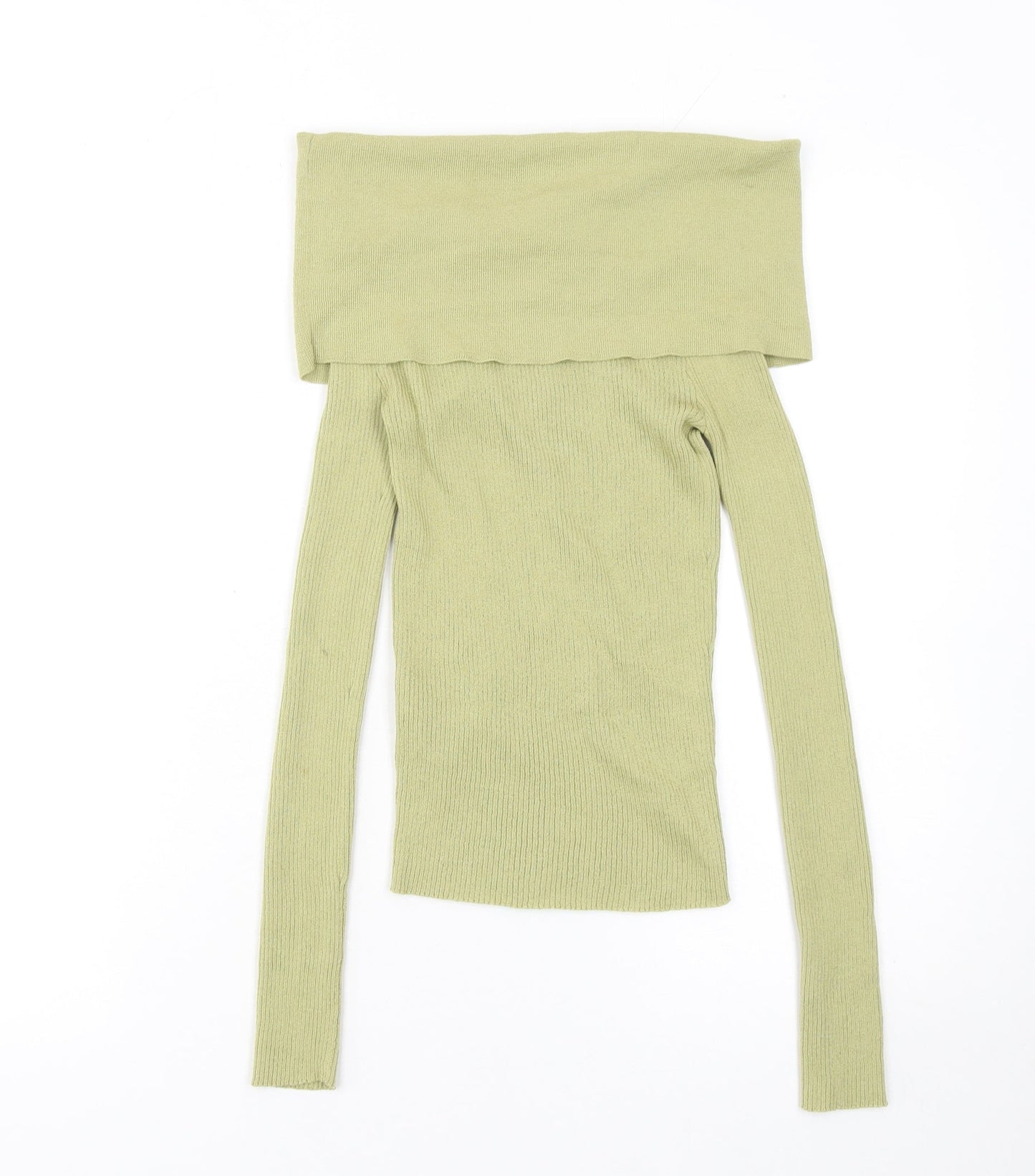 Zara Women's Green Off Shoulder Rib Knit Jumper Size 12