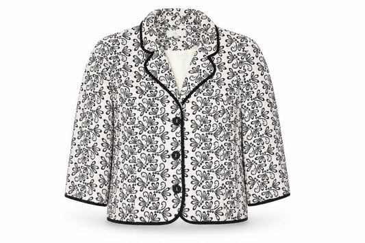 CC Women White Black Floral Embroidered Suit Jacket Size 14 Cotton Blend