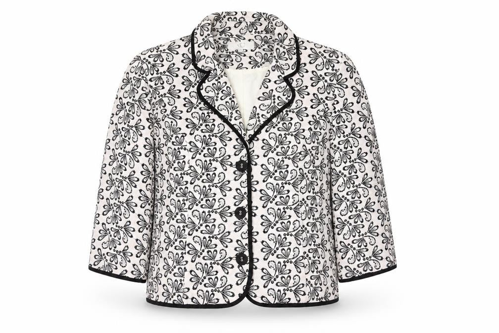 Country Casuals Women White Black Floral Embroidered Suit Jacket Size 14 Cotton Blend