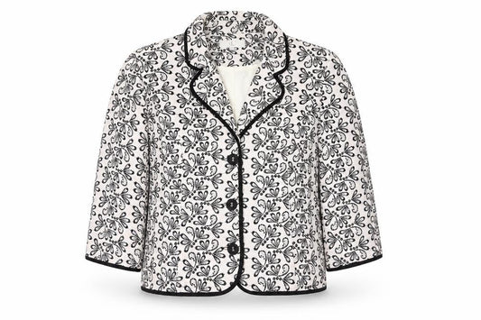 CC Women White Black Floral Embroidered Suit Jacket Size 14 Cotton Blend