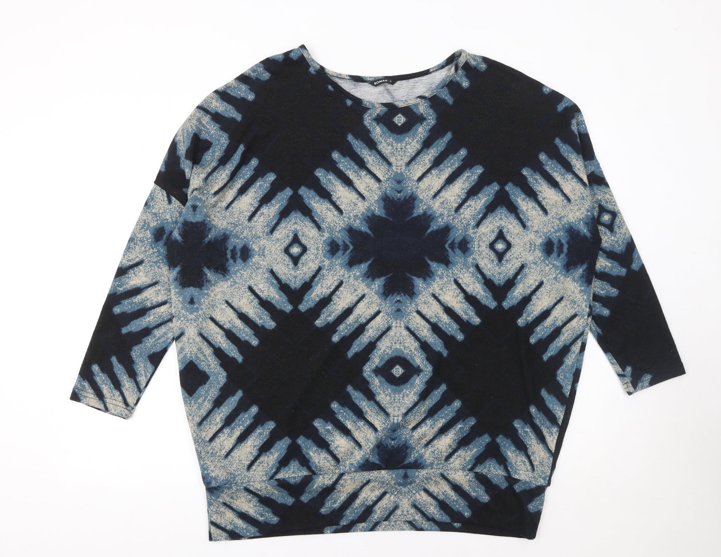 Roman Women Blue Geometric Pullover Jumper Size 16 3/4 Sleeve