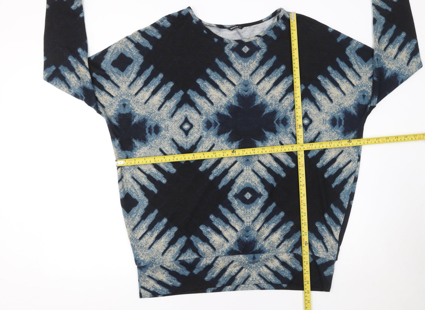 Roman Women Blue Geometric Pullover Jumper Size 16 3/4 Sleeve