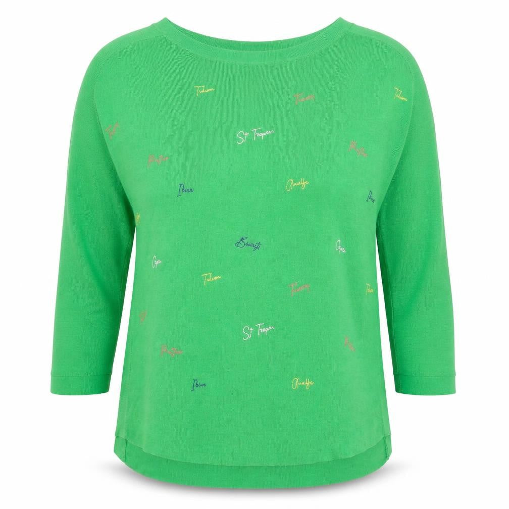 Next Women's Green Embroidered Relaxed Fit Linen Blend Pullover Jumper Size 12
