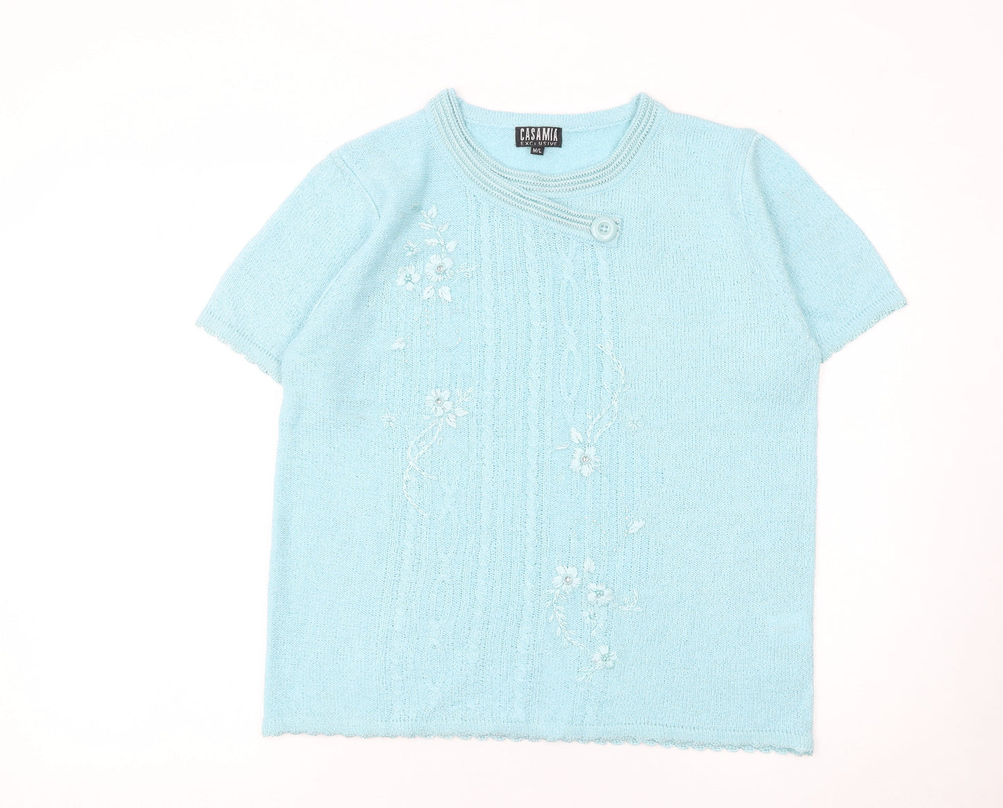 Casamia Women’s Blue Floral Embroidered Short Sleeve Knit Jumper M