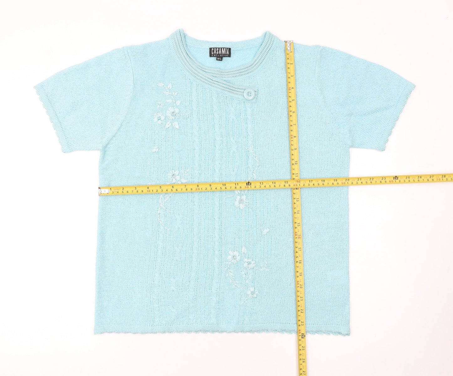 Casamia Women’s Blue Floral Embroidered Short Sleeve Knit Jumper M