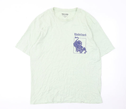 Jack & Jones Men Green Dragon Graphic Print Cotton T-Shirt L
