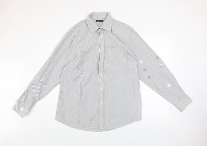 Additional front view of Dunnes Men's White Striped Long Sleeve Button-Up Shirt, size 16