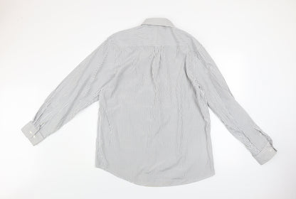 Close-up detail of Dunnes Men's White Striped Long Sleeve Button-Up Shirt, size 16