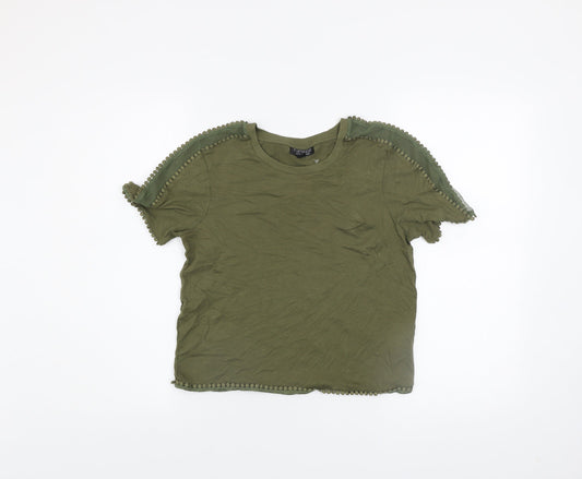 Topshop Women's Green Crochet Trim Crew Neck T-Shirt Size 10