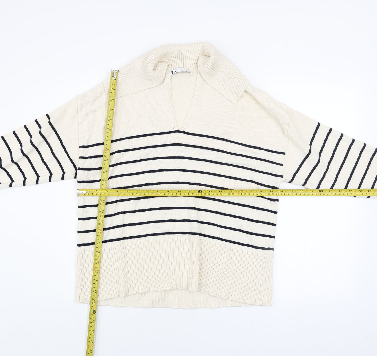 Zara Women Ivory Striped V-Neck Relaxed Knit Jumper Size S