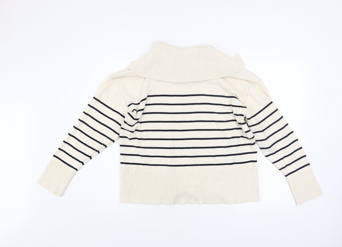 Zara Women Ivory Striped V-Neck Relaxed Knit Jumper Size S