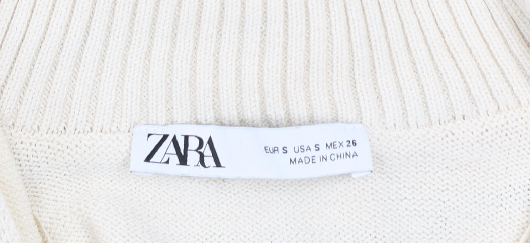 Zara Women Ivory Striped V-Neck Relaxed Knit Jumper Size S