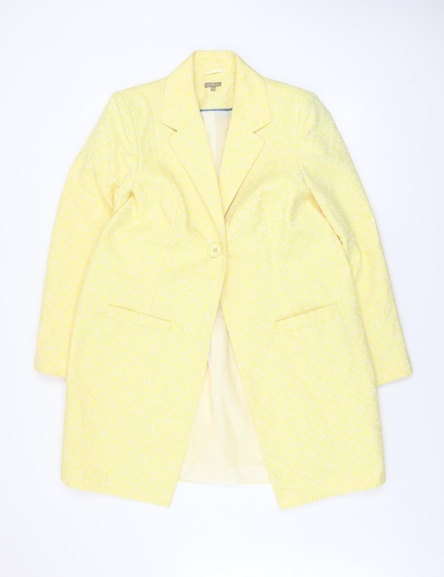 M&Co Boutique Womens Yellow Geometric Blazer Jacket Size 14