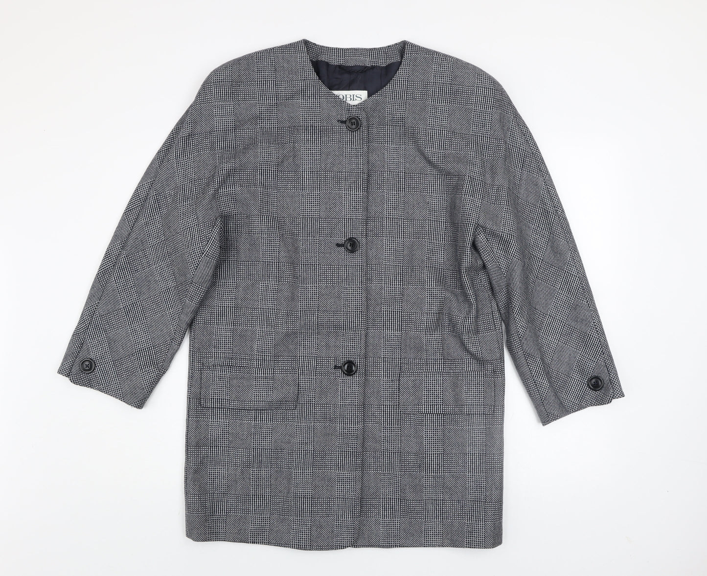 JOBIS Women's Grey Wool Checked Mid-Length Overcoat Size 8