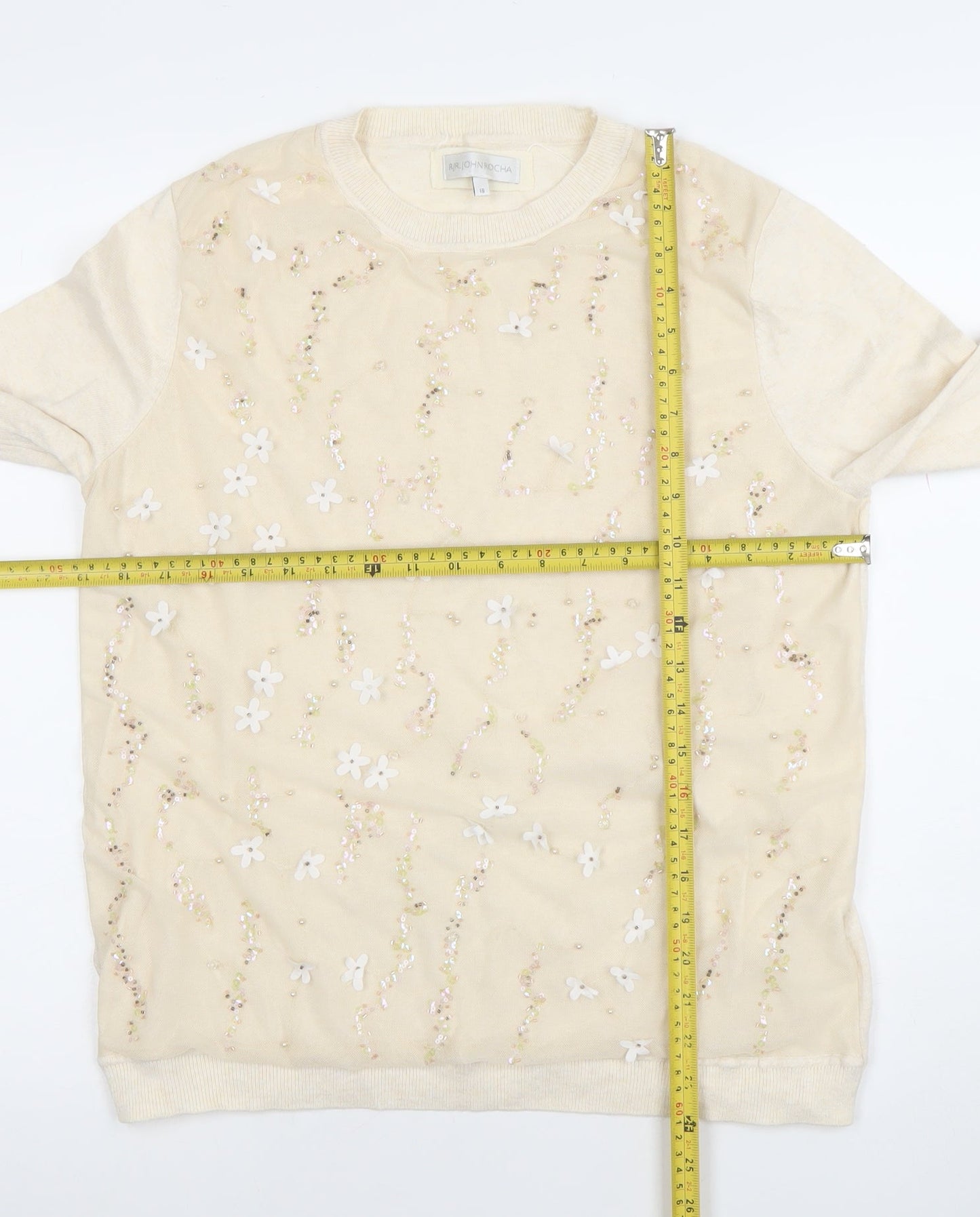RJR John Rocha Women Ivory Beaded Floral Knit Top Size 16
