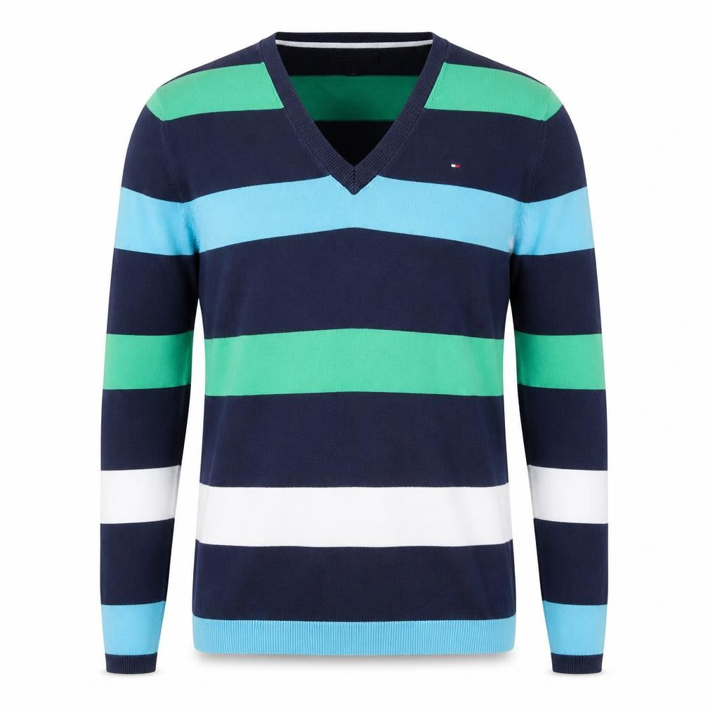 Tommy Hilfiger Men's Blue Striped V-Neck Cotton Jumper XS