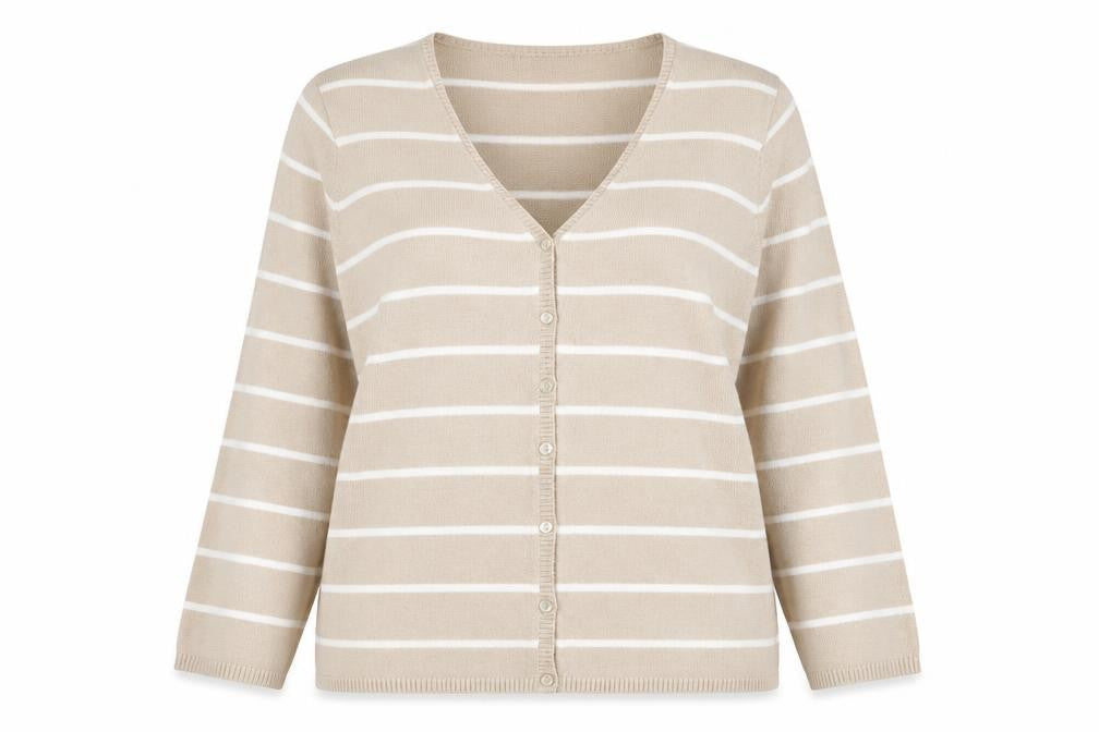 Van Heusen Women Beige Striped V-Neck Cardigan Size L