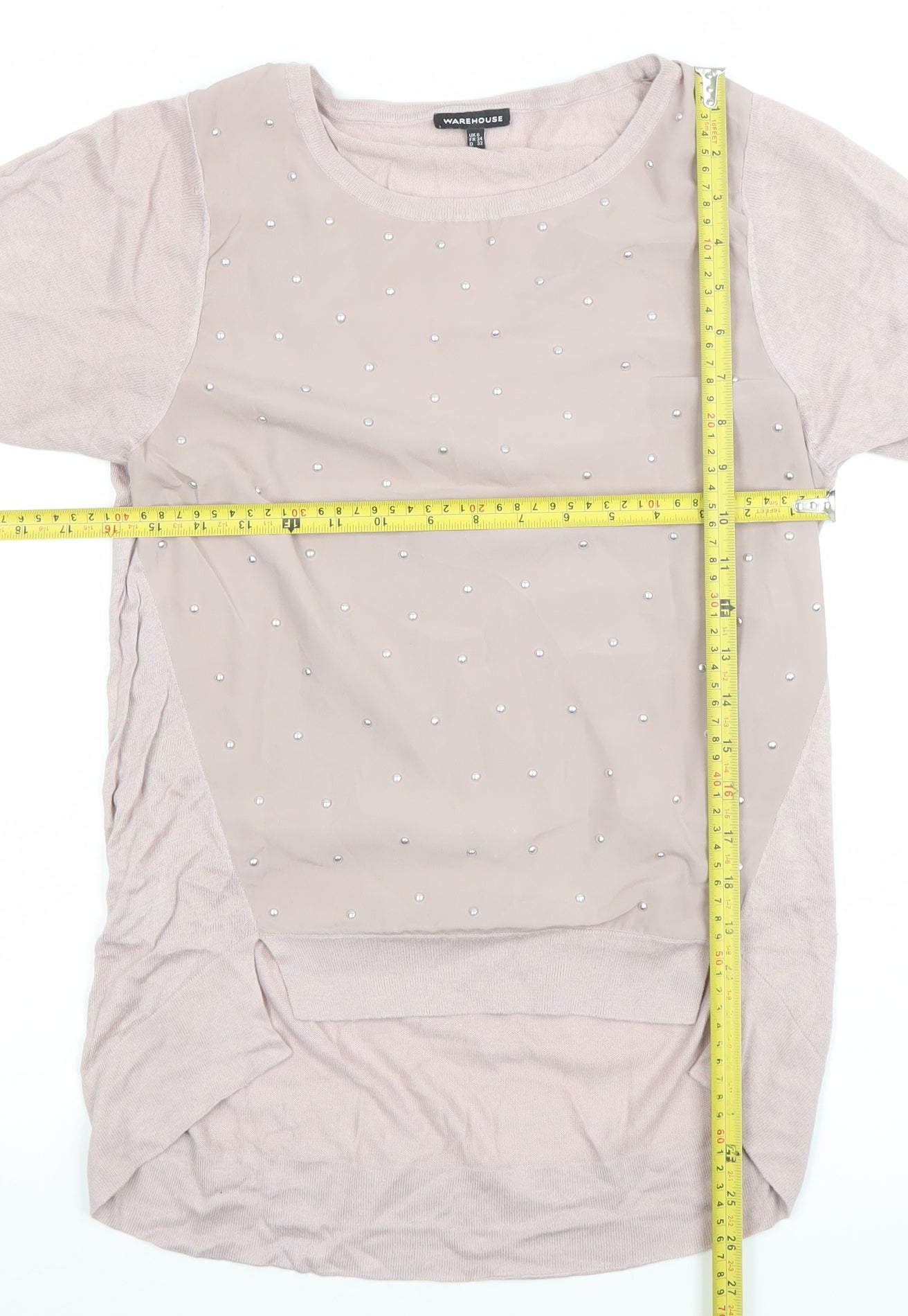 Warehouse Women’s Beige Beaded Tunic Top Size 6 3/4 Sleeve