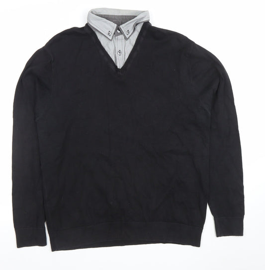 Next Men's Black V-Neck Long Sleeve Polo Sweater Size L Cotton Blend
