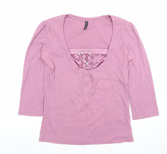 Marks and Spencer Women Pink Scoop Neck 3/4 Sleeve Cotton Blend T-Shirt UK 12