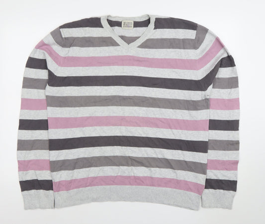 BHS Men's Grey Striped Cotton V-Neck Jumper Large