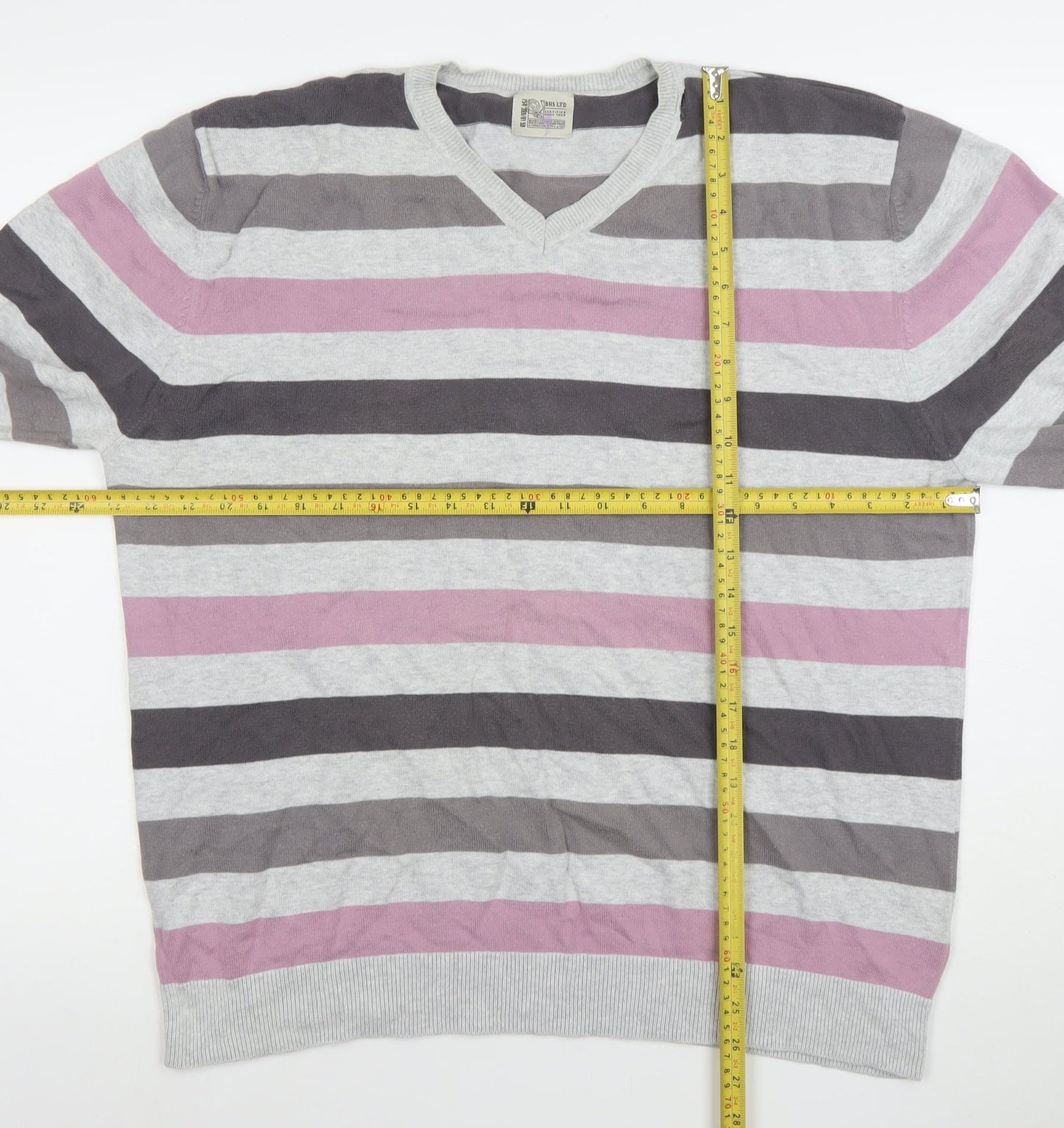 BHS Men's Grey Striped Cotton V-Neck Jumper Large