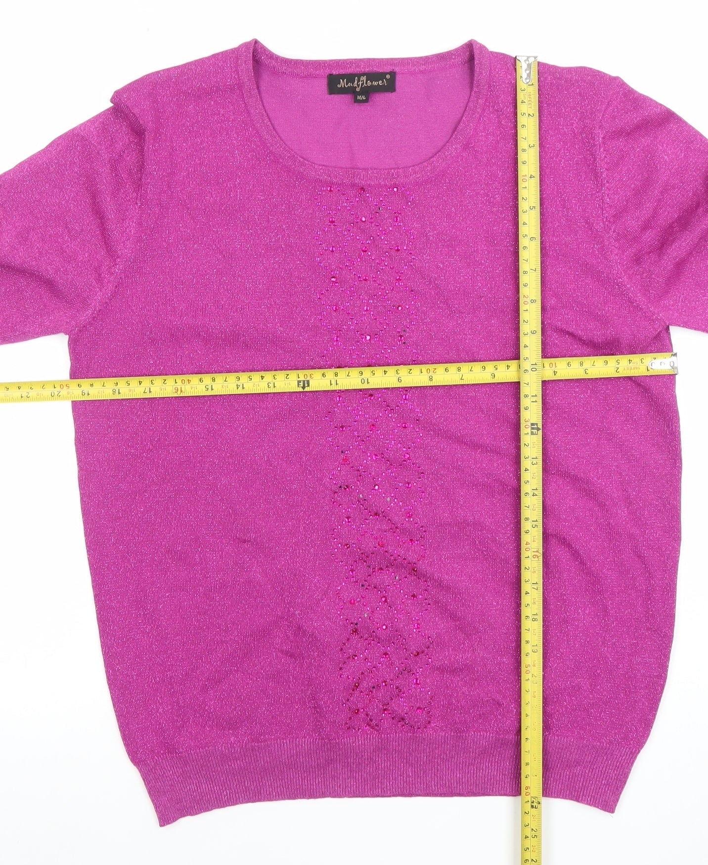 Madflowers Womens Purple Beaded Long Sleeve Scoop Neck Pullover Jumper M/L
