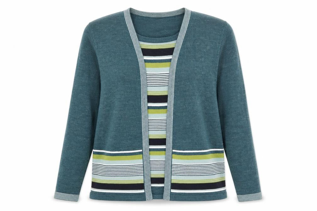 Honor Millburn Women's Green Striped Knit Open Cardigan M
