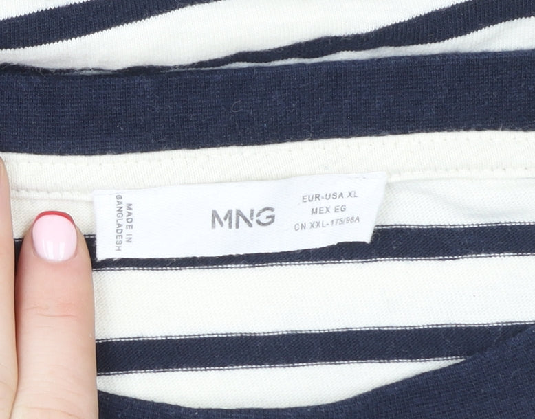 MNG Women Blue & White Striped Pullover Sweatshirt XL Cotton
