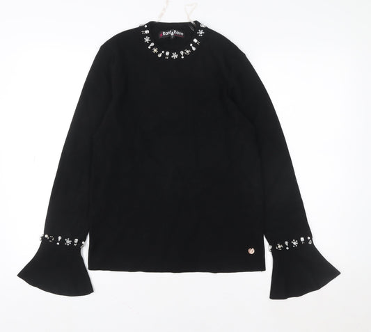 Rant & Rave Women’s Black Beaded Knit Blouse Size 12 Long Sleeve