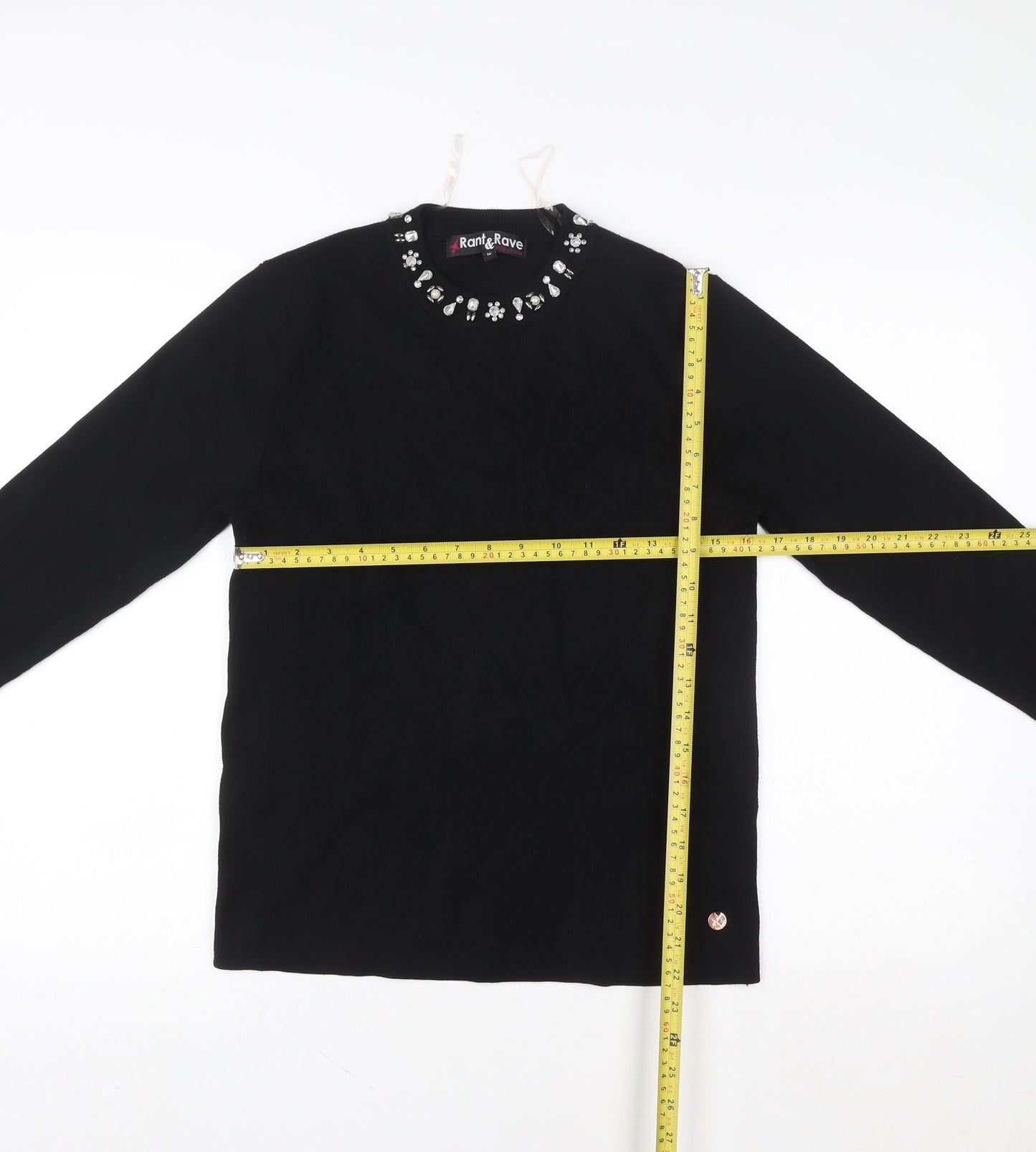 Rant & Rave Women’s Black Beaded Knit Blouse Size 12 Long Sleeve
