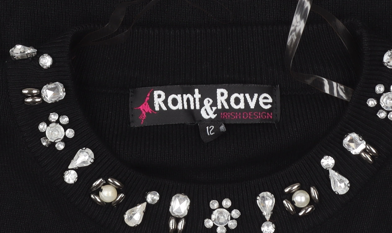 Rant & Rave Women’s Black Beaded Knit Blouse Size 12 Long Sleeve
