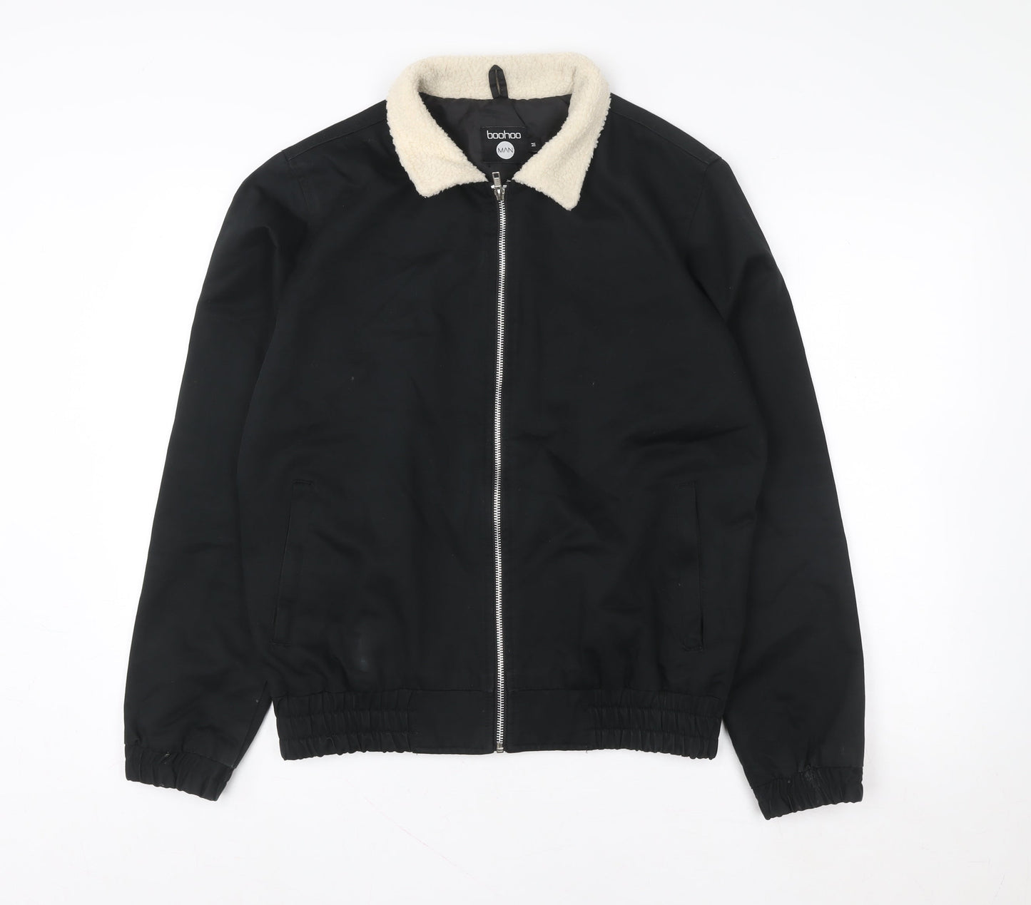 boohooMAN Men’s Black Faux Shearling Collar Bomber Jacket Size M