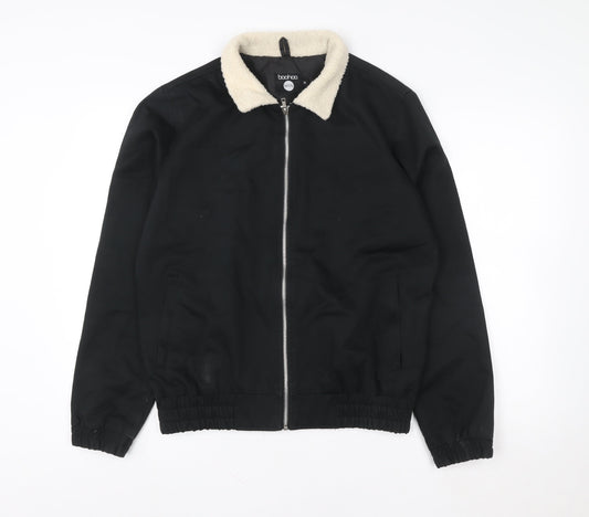 boohooMAN Men’s Black Faux Shearling Collar Bomber Jacket Size M