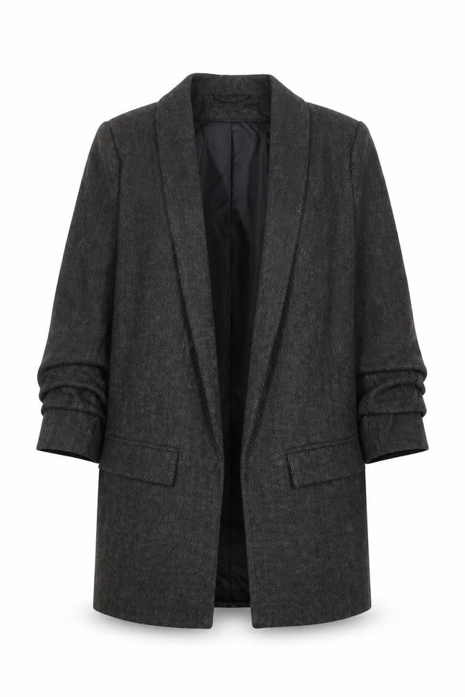 Primark Women Grey Regular Fit Long Blazer UK 8 Herringbone Wool Blend