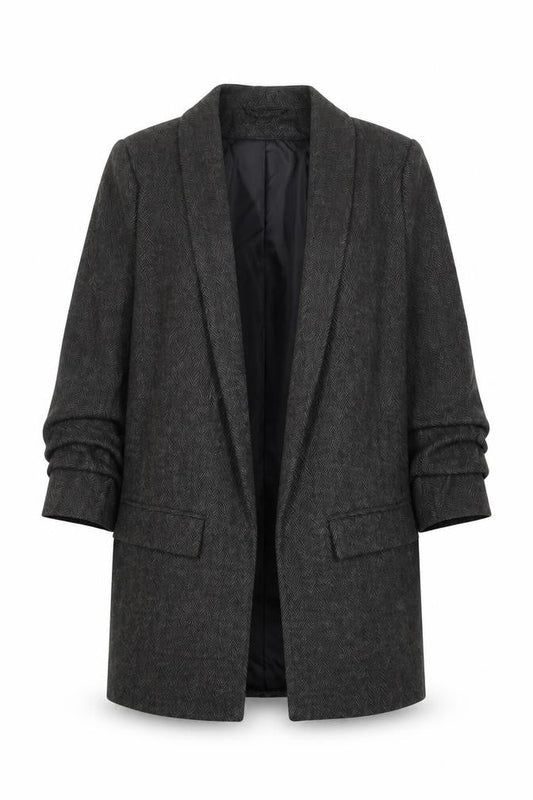 Primark Women Grey Regular Fit Long Blazer UK 8 Herringbone Wool Blend