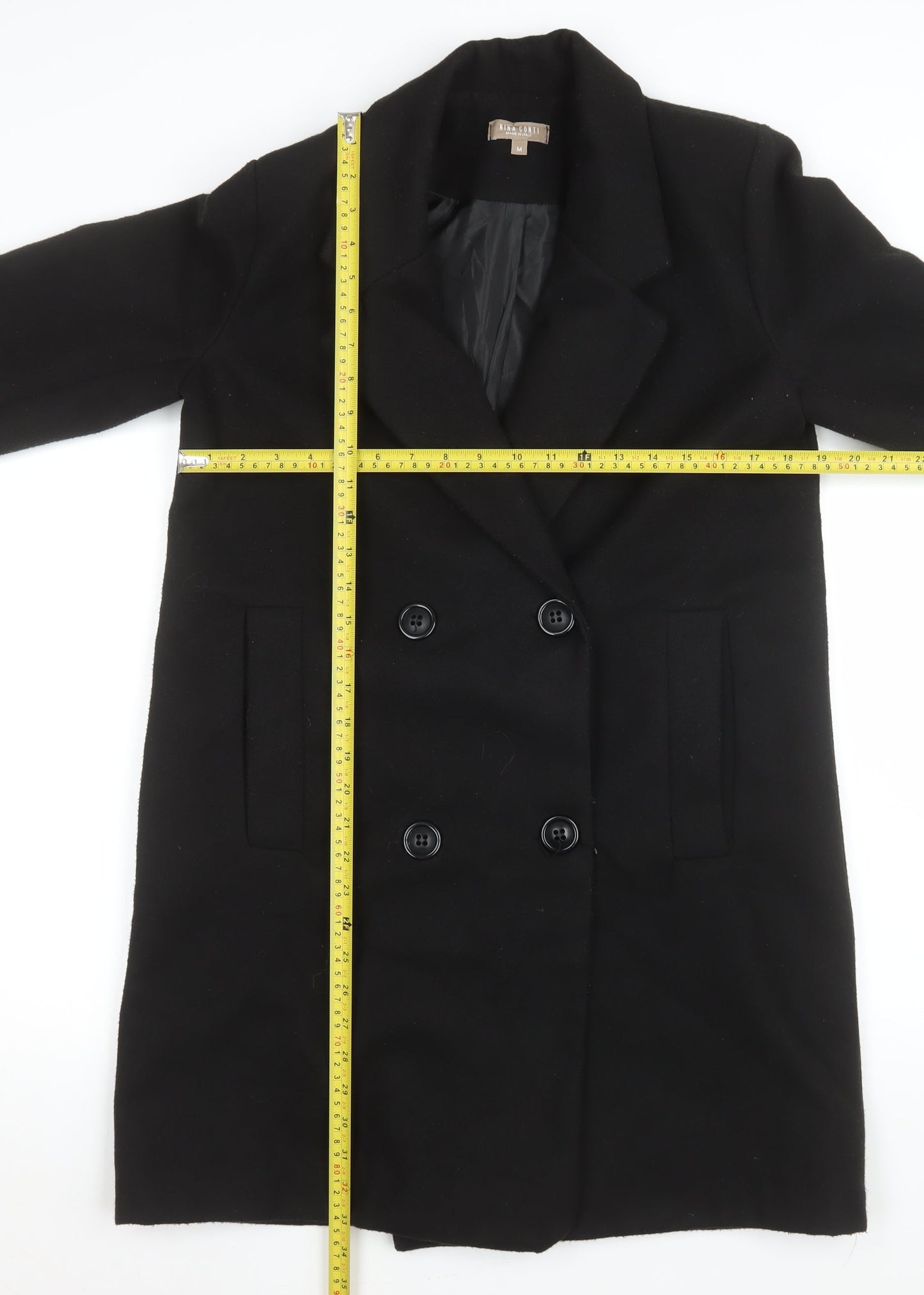 Nina Conti Women's Black Long Overcoat Size M Lined Button Classic Style