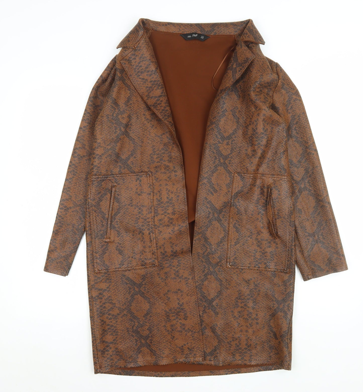 F&F Women's Brown Snakeskin Print Long Overcoat XS