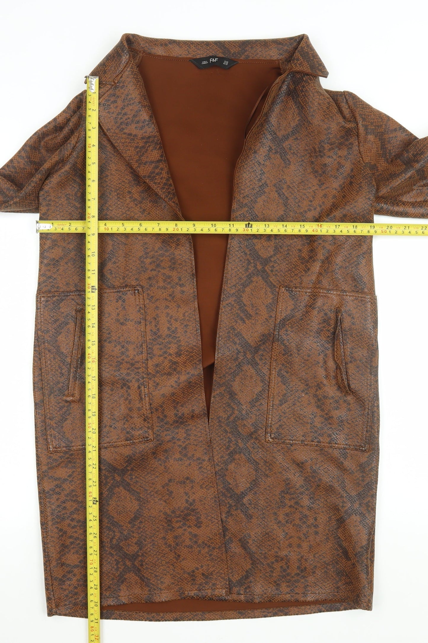 F&F Women's Brown Snakeskin Print Long Overcoat XS