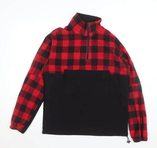 AGORA Men's Red Black Check 1/4 Zip Fleece Pullover Sweatshirt Size S