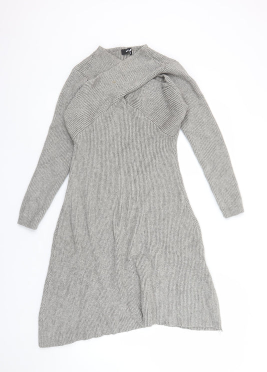 Styli Women Grey Long Sleeve Knit Sweater Dress Size L