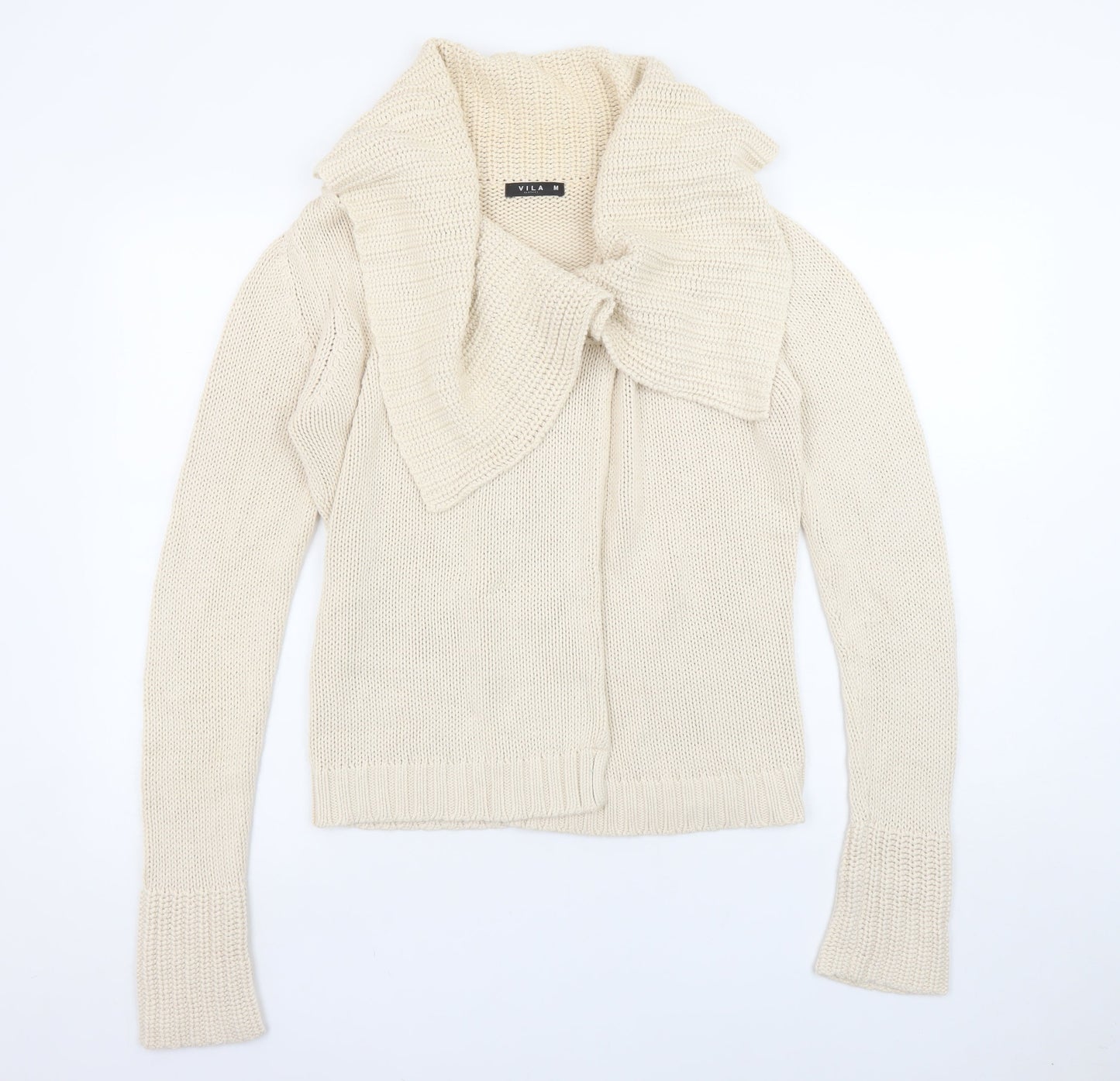 Vila Women Beige Cotton Chunky Knit Cowl Neck Cardigan M