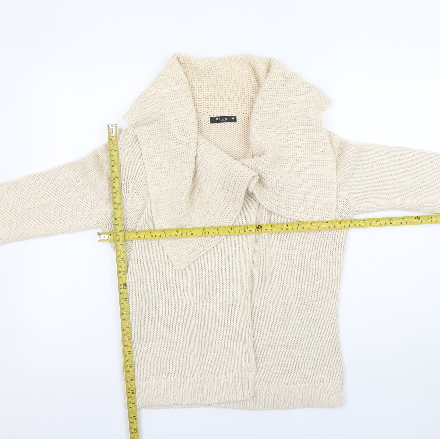 Vila Women Beige Cotton Chunky Knit Cowl Neck Cardigan M