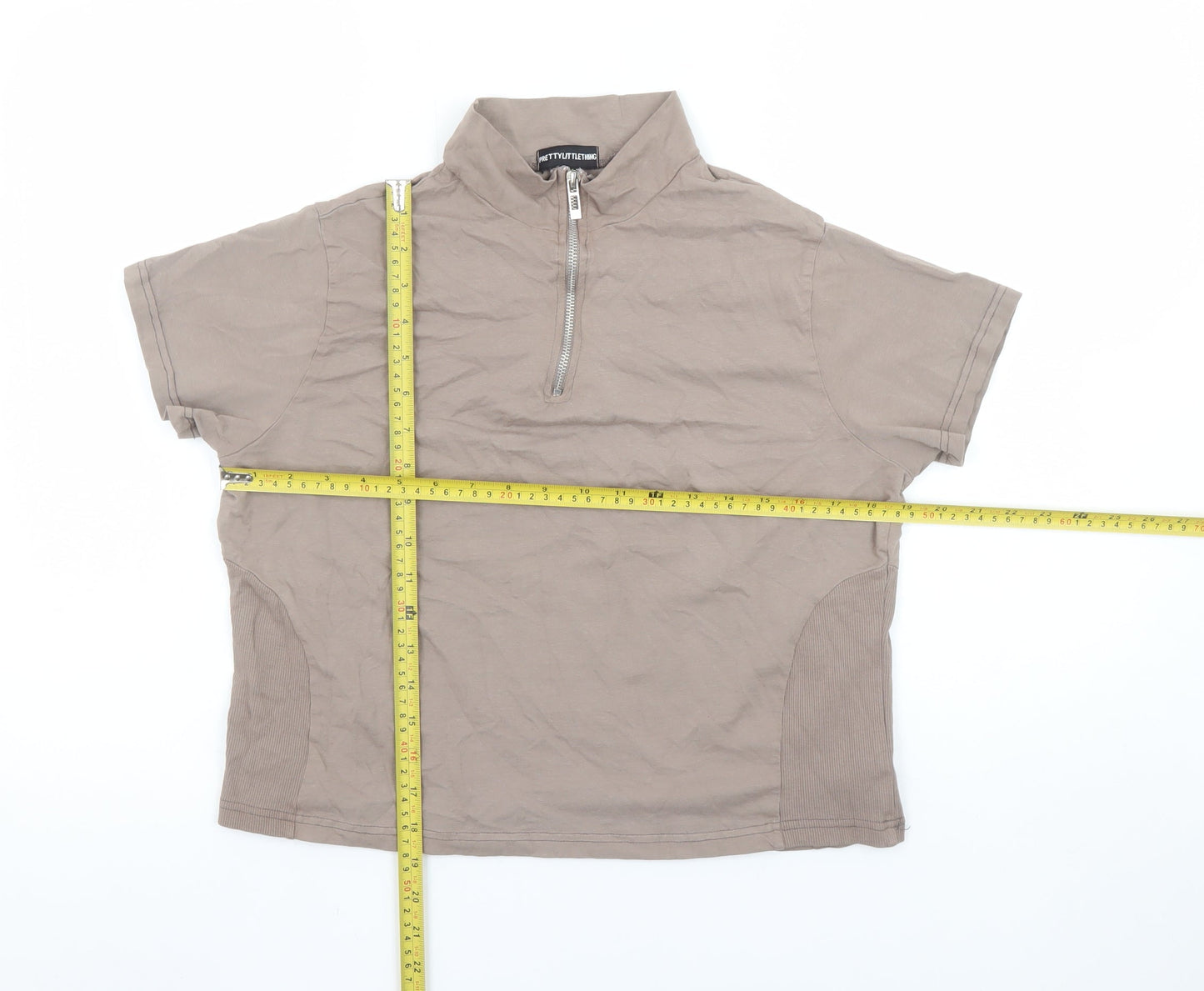 PrettyLittleThing Women's Beige XL High Neck Short Sleeve Zip Polo Top