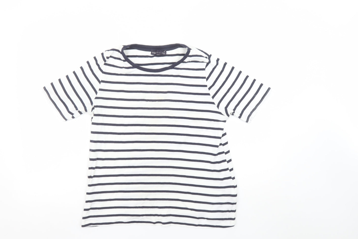 Marks and Spencer Women Navy Mix Stripe T-Shirt UK 16 Cotton Regular