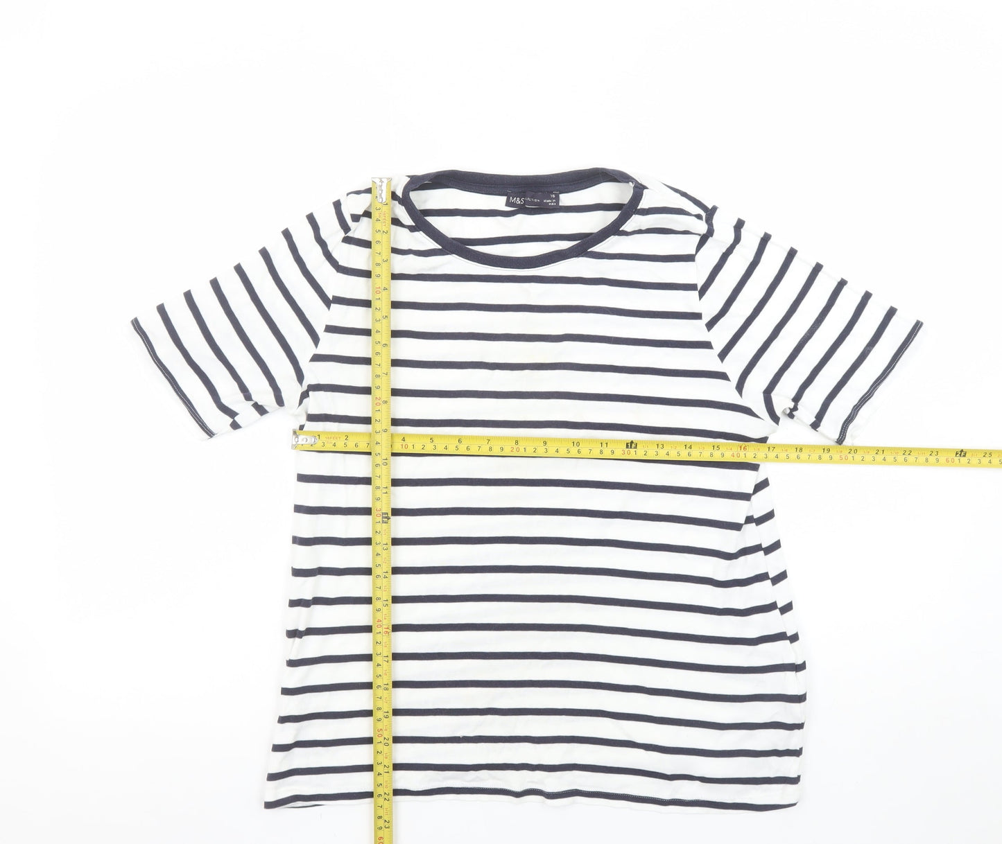 Marks and Spencer Women Navy Mix Stripe T-Shirt UK 16 Cotton Regular
