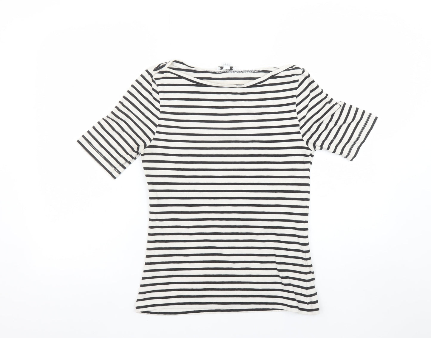 Warehouse Women’s Black White Striped Boat Neck Cotton T-Shirt Size 10