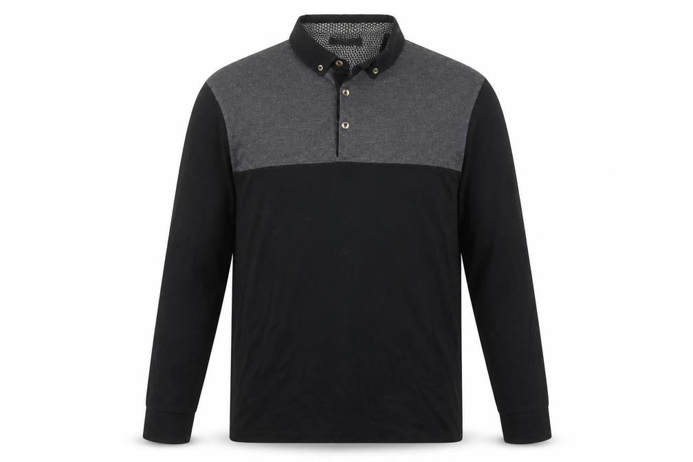 Authentic Men’s Black Grey Long Sleeve Polo Shirt L 100% Cotton