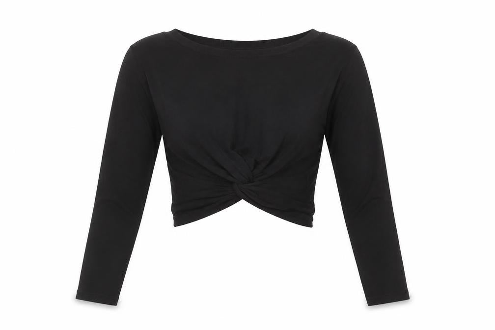 PRETTYLITTLETHING Women’s Black Cropped Long Sleeve Cotton Top Size 8